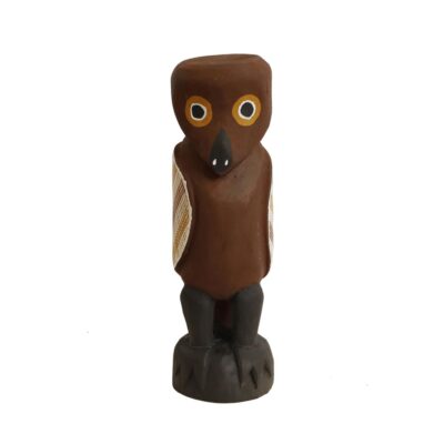 <br>Djul’djul Gurruwiwi</br><strong>Worrwurr - Dhuḏuthuḏu (owl carving)</strong><br>27 x 8cm</br><br>ID: 253-26</br>