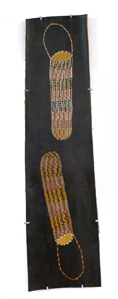 <br>Muluymuluy Wirrpanda</br><strong>Bol'pu (Muluymuluy painted)</strong><br>89 x 24cm</br><br>ID: 2409-23</br>